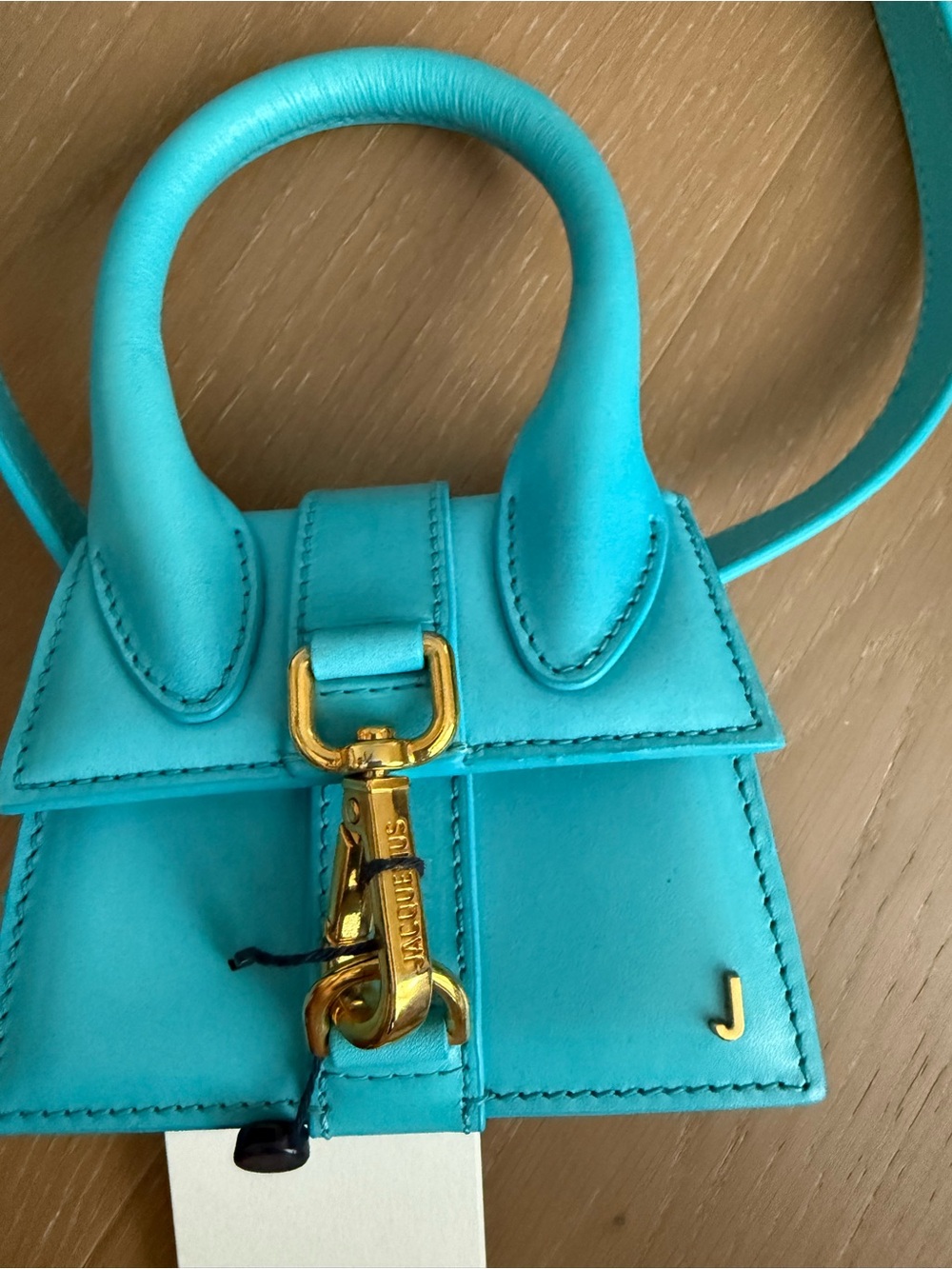 Jacquemous Turquoise Mini Top-Handle Crossbody Bag with Gold Hardware